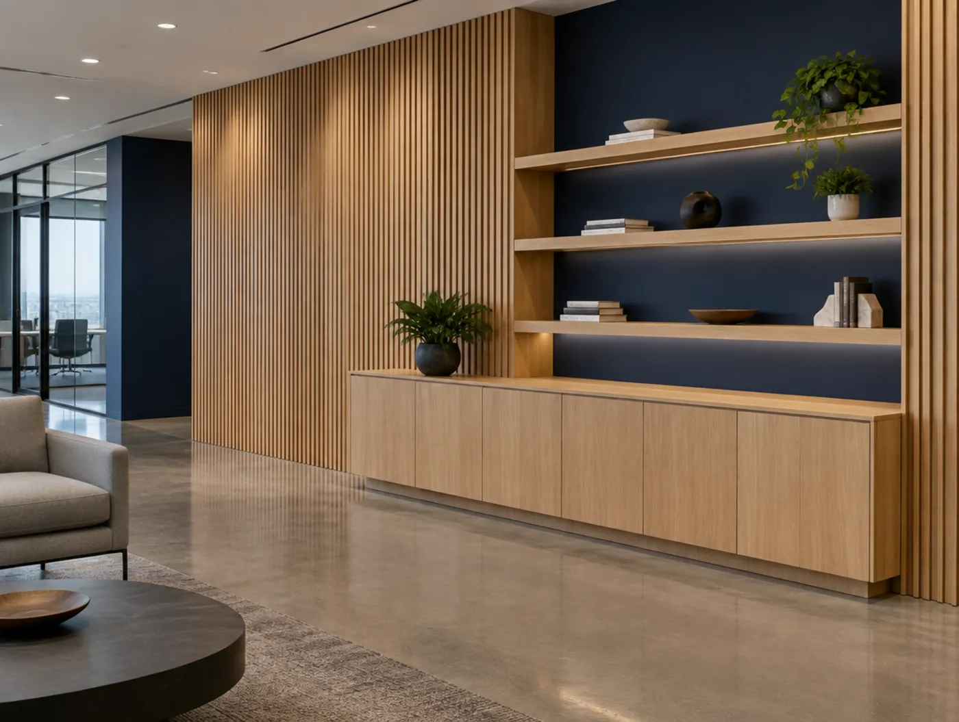 An office lobby with a full height white oak slat wall and built-in credenza