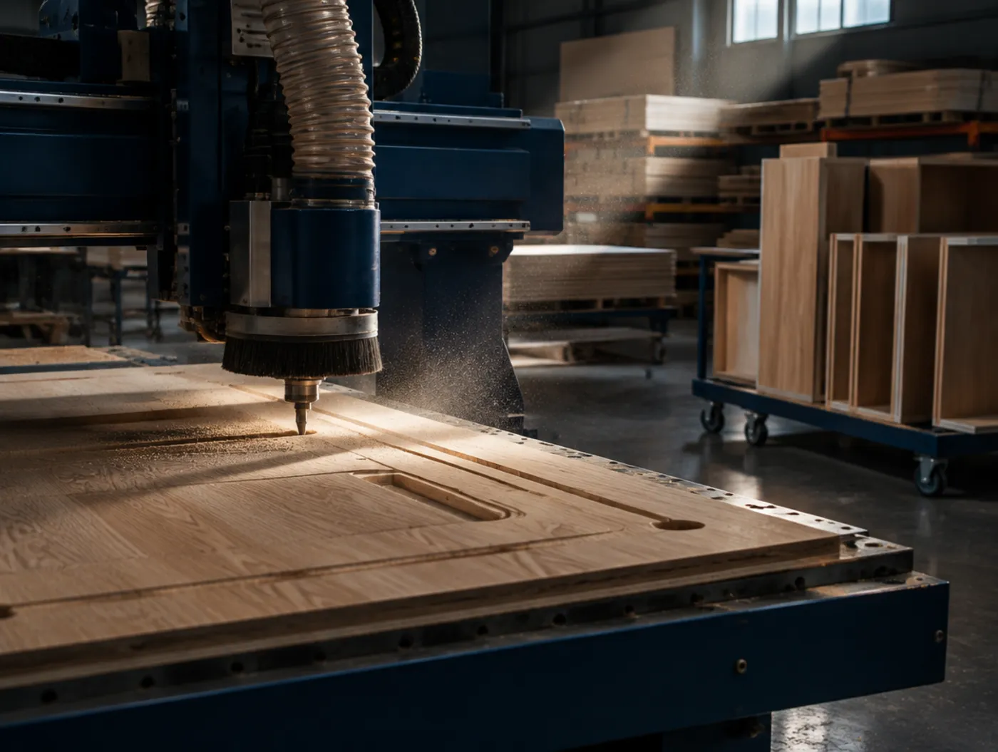 A CNC router cutting a white oak veneer panel in the fabrication shop